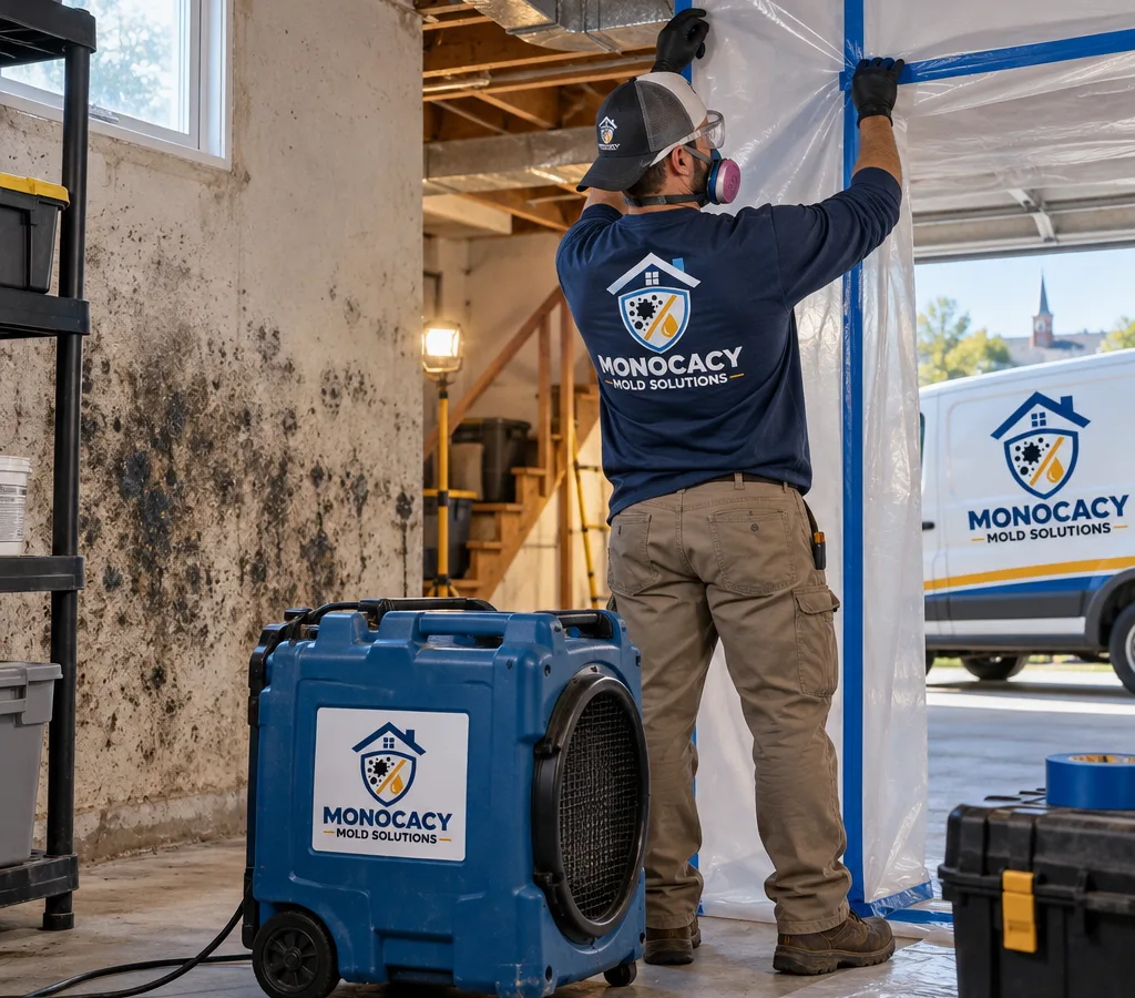 Technician setting up containment and a HEPA air scrubber in a residential basement with mold staining