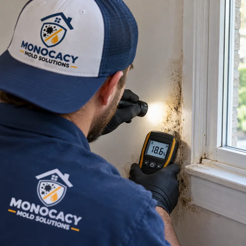 Technician using a moisture meter on stained drywall near a window frame while illuminating the corner with a flashlight