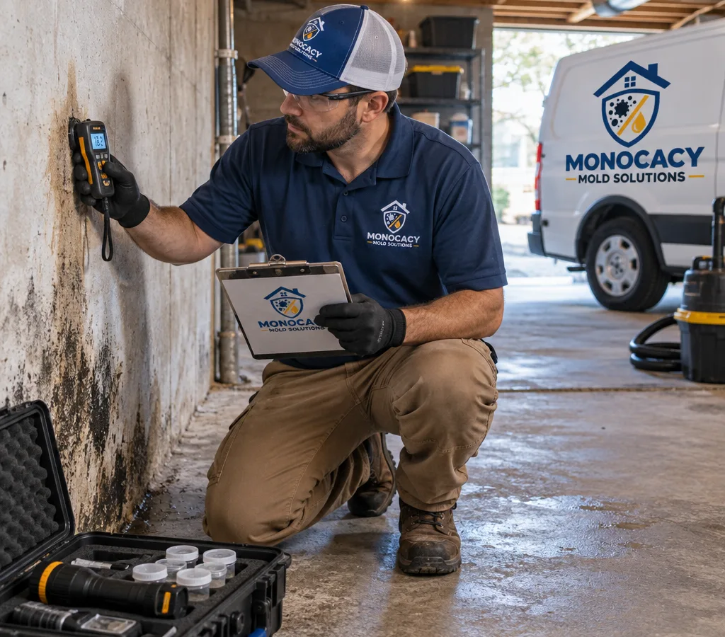 Inspector examining moisture staining near a basement wall with a moisture meter, sampling tools, and inspection notes