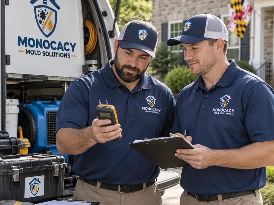 Two Monocacy Mold Solutions technicians reviewing moisture readings and job notes beside a service vehicle